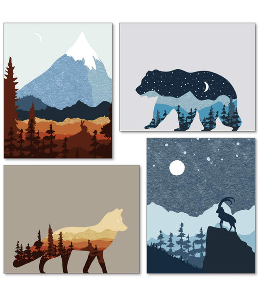 Confetti Fox Mid Century Abstract Wall Art, Modern Nursery Decor, Mountain Landscape Vintage Nature Posters, Little Boys Bedroom Adventure Wildlife, Forest Fox Bear (8x10 Unframed Set of 4 Prints)