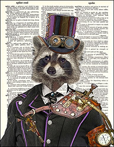 Fresh Prints of CT Dictionary Art Print - Steampunk Racoon Colonel Roderick Racoonbottom - Printed on Recycled Vintage Dictionary Paper - 8"x11" - Mixed Media Poster on Vintage Dictionary Page