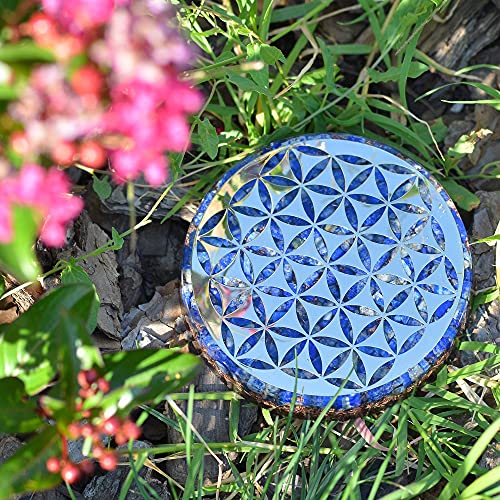 Orgonite Crystal Water Charging Plate with Lapis Lazuli Healing Crystals and Flower of Life –Chakra Healing Orgone Water Plate for Spiritual Protection and Cleansing (90mm)