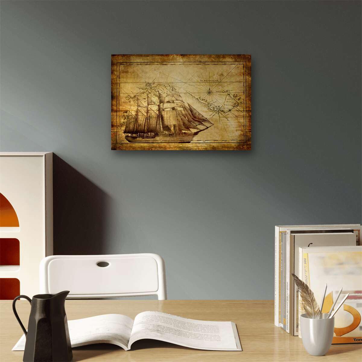 Meishe Art Old Sailing Ship Nautical Map Poster Print Wall Art Picture Home Canvas Decor (15.75" x 23.62")