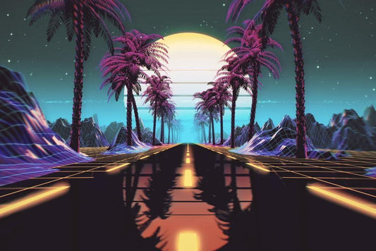 Vaporwave 1980s Retro Scifi Street Palm Trees Poster Futuristic Sci-fi California Style Tropical Fantasy City Landscape Thick Paper Sign Print Picture 8x12