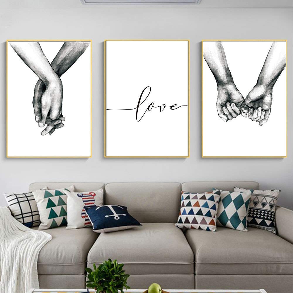 12"x16" Love and Hand in Hand Wall Art Canvas Print Poster, Black and White Sketch Art Line Drawing Decor Simplism Drawing Wall Art For Bedroom Living Room and Home Decor (Unframed)