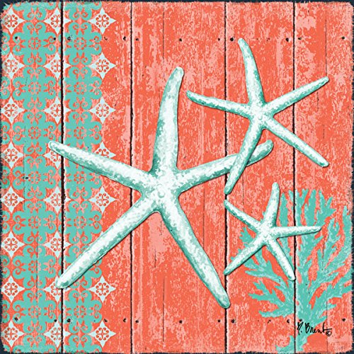 Gango Home Décor 4 Lovely Teal and Coral Ocean Seashell Sand Dollar Seahorse Star Fish Collage Poster Prints; Nautical Decor; Four 8x8in Poster Prints