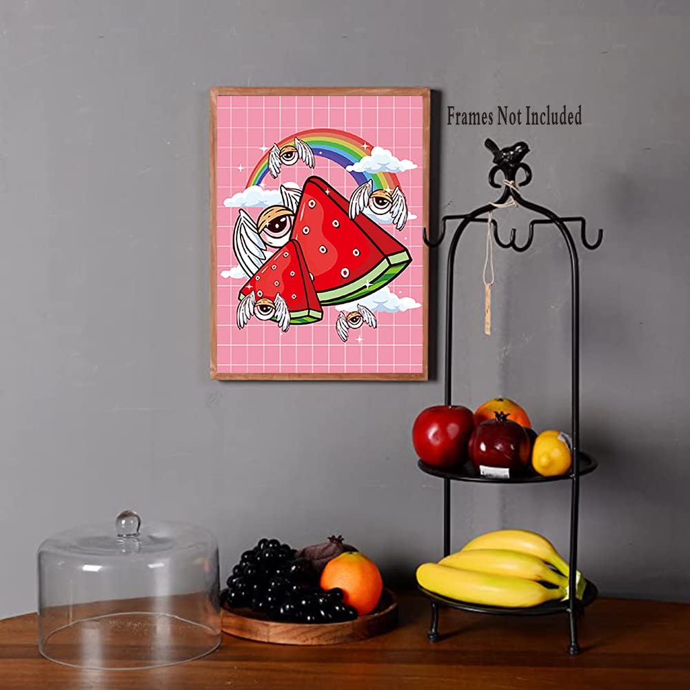Retro Poster,Cute Watermelon Cherry Strawberry Mushroom Wall Art Canvas Painting Home Decor,Funny Kitchen Fruit Wall Art Prints,Set of 4 Retro Rainbow Wall Art Print Poster,8"x10",Unframed