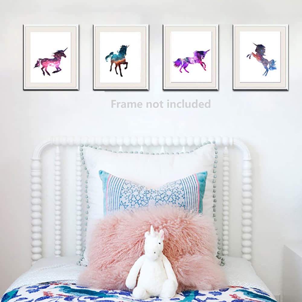 heshengzaixian Colourful Unicorn Galaxy Wall Art Prints,Unicorn Outer Space Nebula Decor Picture Painting Poster for Girls Room Nursery Classroom, Gift for Girls Kids,Set Of 4 (8”X10”) Unframed