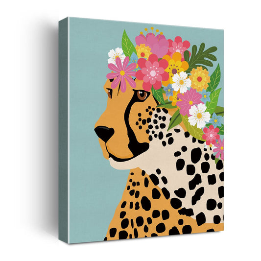 NISTOMISU Colourful Flower Crown Cheetah Canvas Prints Wall Decor Cheetah Canvas Art Sign Canvas Poster Gifts for Home Bedroom Bathroom Nursery Decor 11.5"x15"