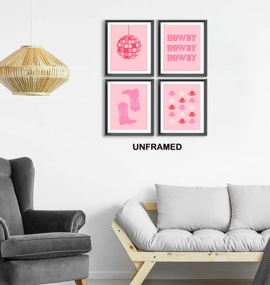 Hot Pink Howdy Western Cowgirl Boots Hats Bull Skull Disco Ball Poster Prints for Home Girls Room Dorm Decor,Preppy Decorations Prints Wall Art Unframed 4pcs 8x10 Inches,Teen Girls Cowgirls Gifts