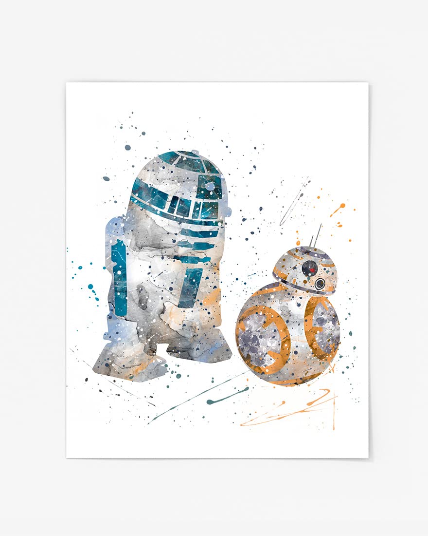 R2D2 and BB8 Prints, Star Wars Watercolor, Nursery Wall Poster, Holiday Gift, Kids and Children Artworks, Digital Illustration Art