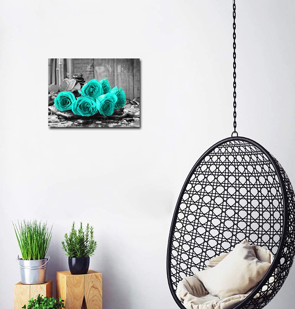 YMYXMC33 Teal Rose Flower Picture Decor Wall Art Canvas Print Black and White Poster Country Love Decoration Bedroom Kitchen Bathroom12x15