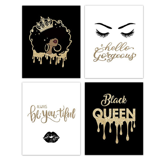 PUHEI Black Queen Woman Girl Wall Art Prints Set of 4, Inspirational Posters Gifts for Black Women Girls Room Home Bedroom Wall Art Decor (8 x 10 Unframed)