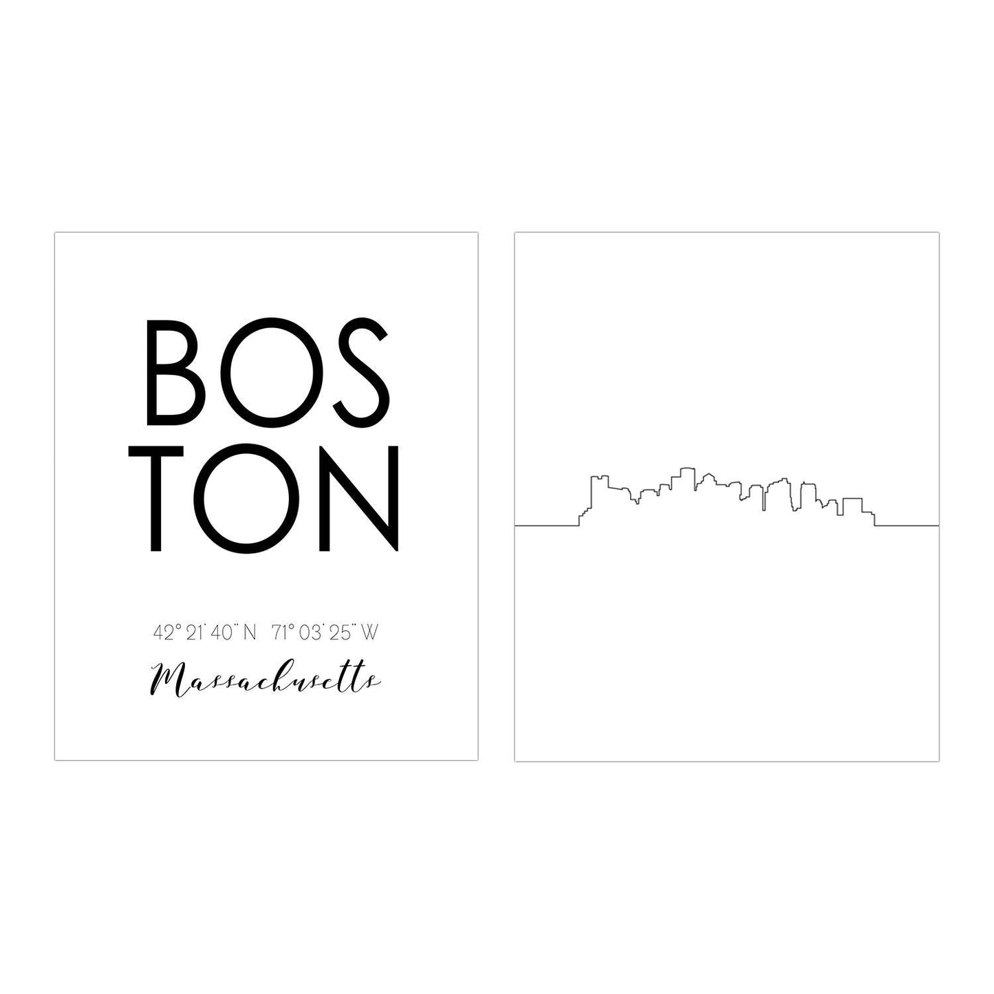 Boston Skyline Wall Décor Prints - Set of 2 (8x10) Art Photos - Typography Minimalist Poster