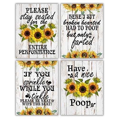 Funny Bathroom Wall Art Print Sunflower Painting Print Humorous Quotes Poster, Bathroom Wall Decor, Bathroom Quotes, Signs & Rules Decor, Great Gift for Bathroom Decor (Set of 4, 8 x 10 Unframed)