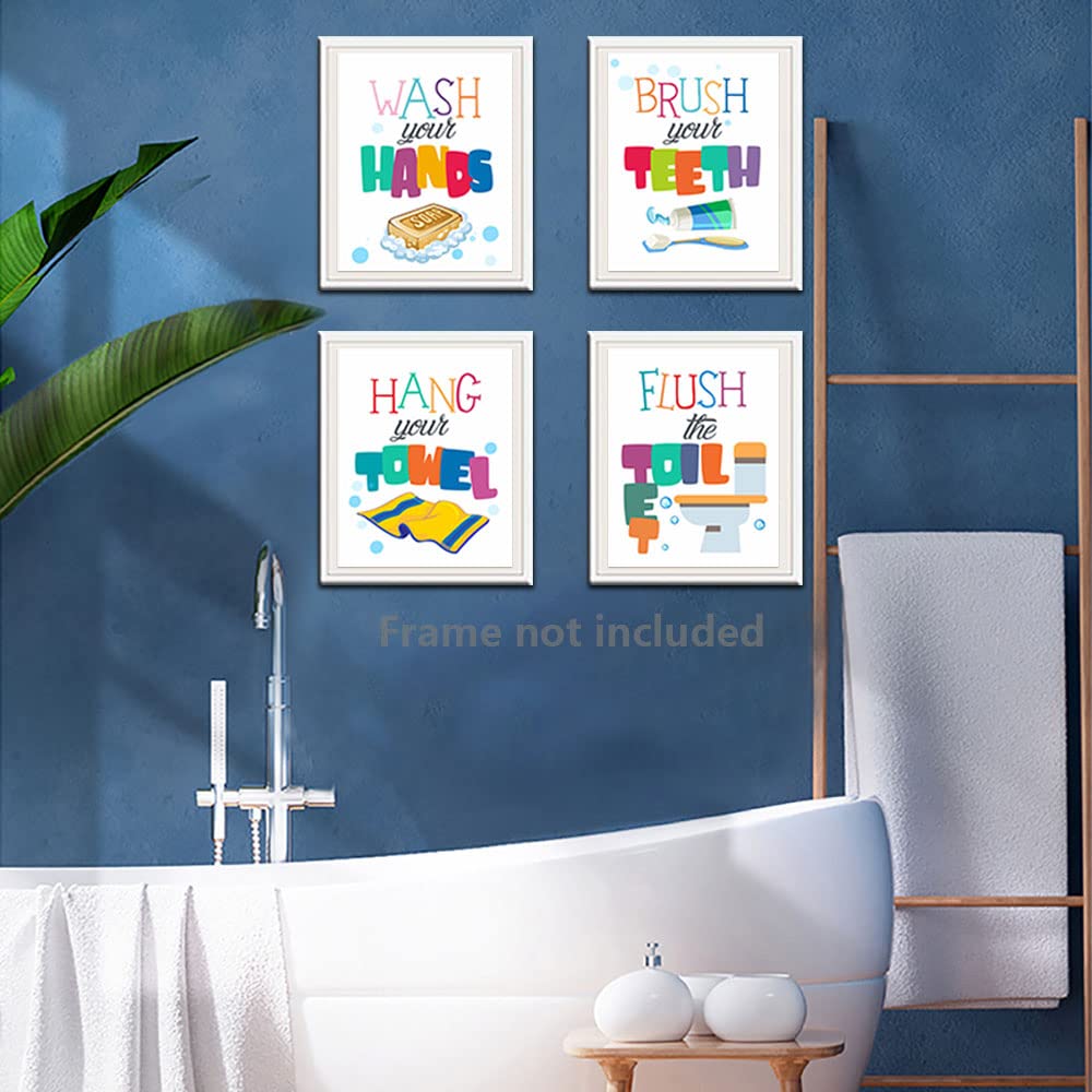 heshengzaixian Funny Kids Colorful Bathroom Quote Wall Art Prints, Kids Bathroom Décr Poster Picture Painting Set for Lavatory Toilet Restroom, Gift for Children,Set Of 4 (8”X10”) Unframed