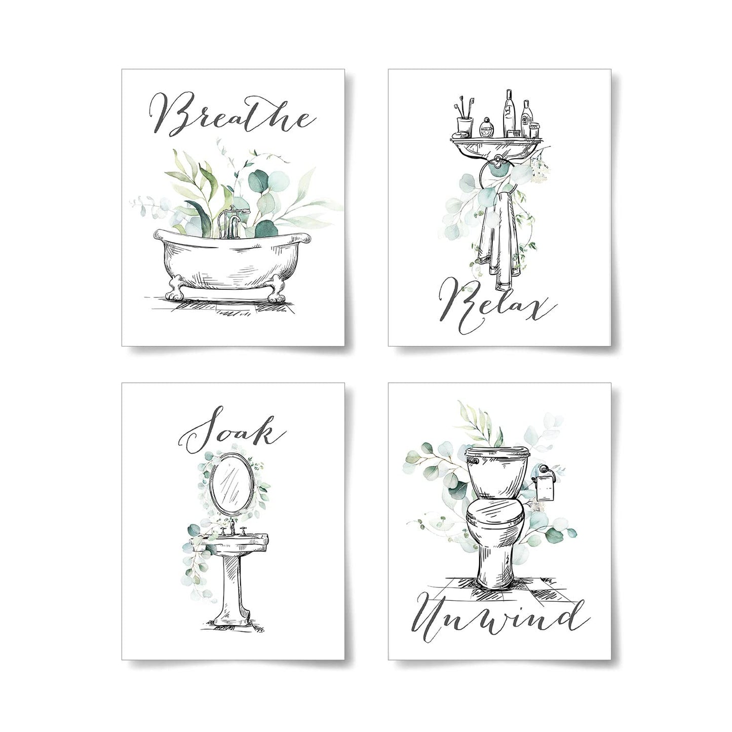 La Naranja Black and White Bathroom Wall Art Greenery Decor Minimalist Botanical Prints Modern Boho Eucalyptus Posters Relax Soak Unwind Breathe Sign, Set of 4 Pictures, 8''x10'', UNFRAMED