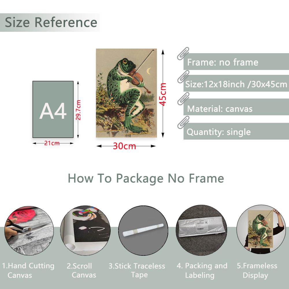DQYZNYC Vintage Wall Art Frog Poster Canvas Wall Art Aesthetic Frog Banjo Poster Frog Bathroom Decor Frog Picture Print for Bedroom Dorm Living Room Décor (12x18in-C,Unframed)