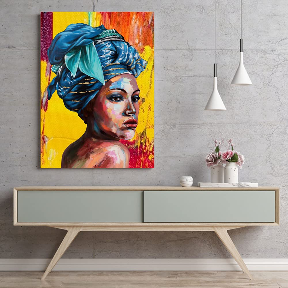 Black Woman Wall Art for Living Room African Canvas Painting Blue Turban Modern Girl Posters and Prints Wall Art Paintings for Wall Art Abstract Black Woman Portrait Wall Art African Girl Canvas
