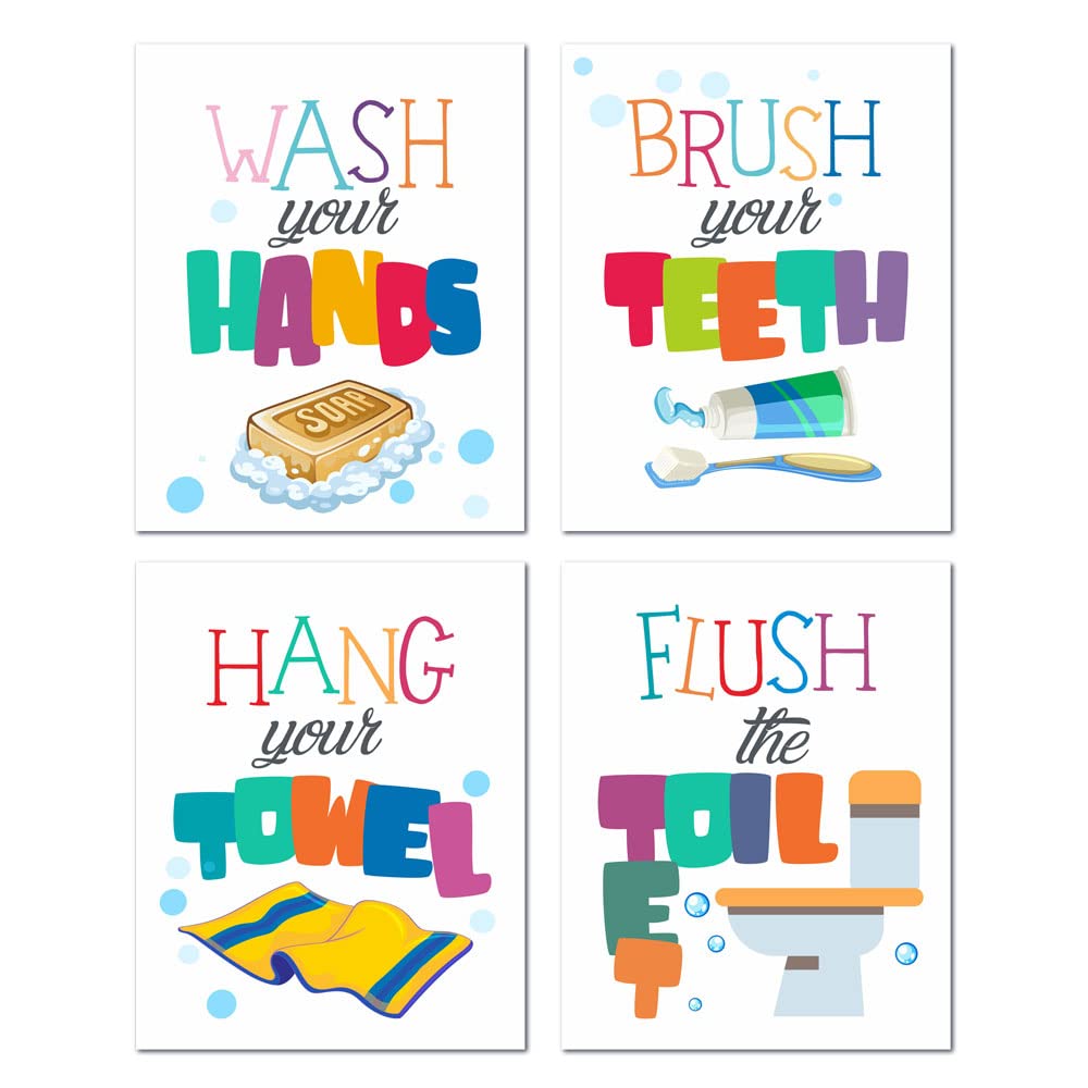 heshengzaixian Funny Kids Colorful Bathroom Quote Wall Art Prints, Kids Bathroom Décr Poster Picture Painting Set for Lavatory Toilet Restroom, Gift for Children,Set Of 4 (8”X10”) Unframed