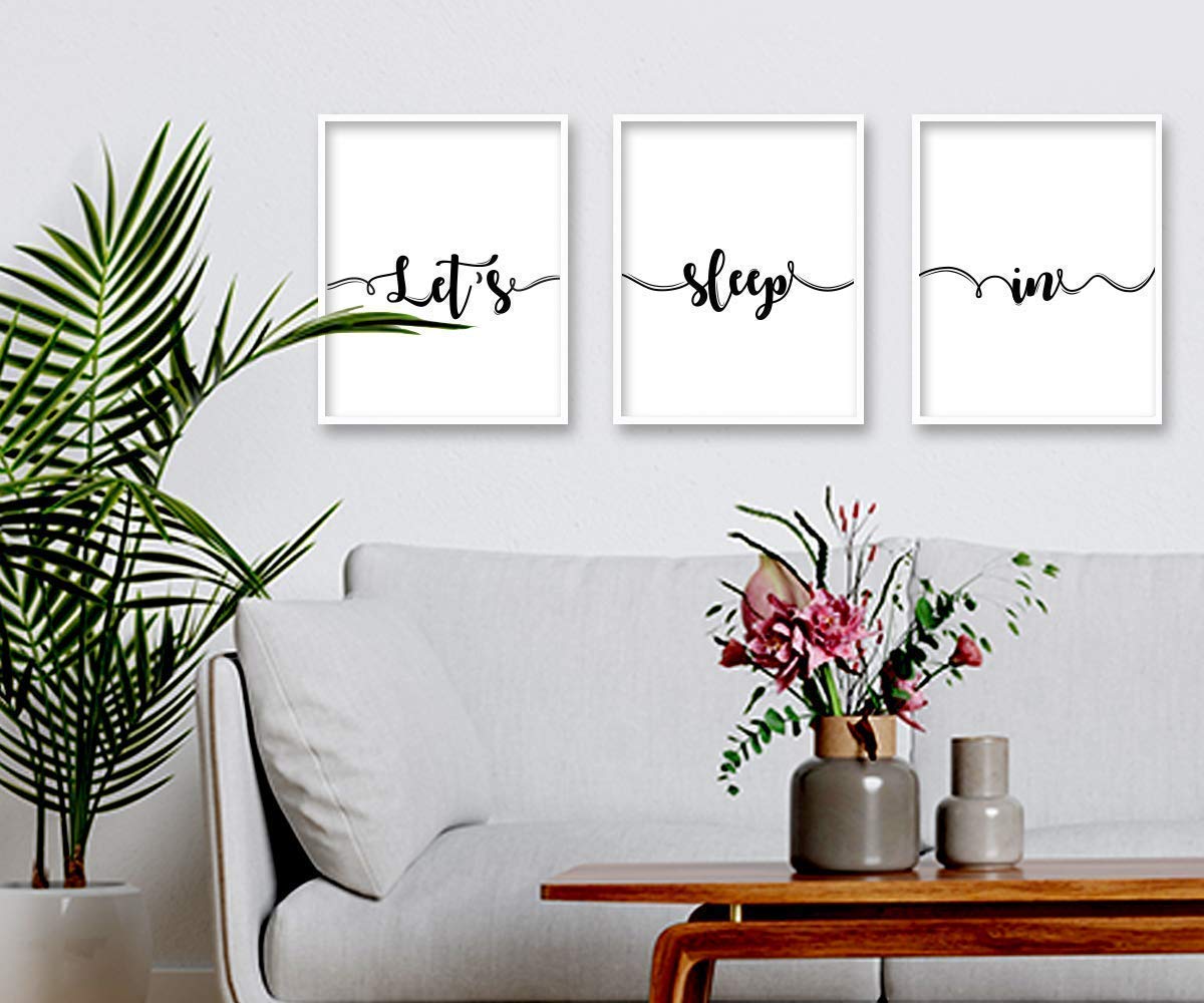 Let's Sleep In Room Decor Cute Wall Decor - Art Set of 3 Prints - Unframed 8x10 - Bedroom Home Decor Poster - Minimalist Living Room Decoration