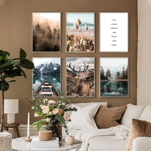 Canssape Nature Wall Art Prints Set of 6 Mountain Wall Poster Prints 8"x10" Aesthetic Poster for Living Room Decor Landscape Posters Wall Decor (Unframed)(Deer)