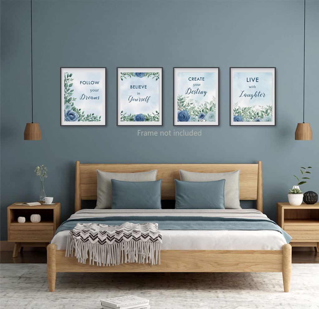 Blue Rose Inspirational Quotes Canvas Wall Art Print,Inspiring Gift for Girl’s,Motivational Sayings Floral Paintings for Girl's Room, Positive Phrases Words Poster for Office,Set of 4 8x10 UNRAMED