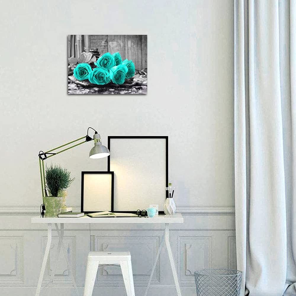 YMYXMC33 Teal Rose Flower Picture Decor Wall Art Canvas Print Black and White Poster Country Love Decoration Bedroom Kitchen Bathroom12x15
