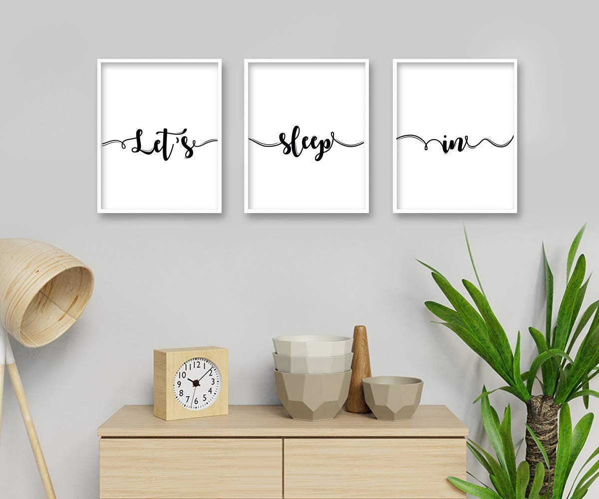 Let's Sleep In Room Decor Cute Wall Decor - Art Set of 3 Prints - Unframed 8x10 - Bedroom Home Decor Poster - Minimalist Living Room Decoration