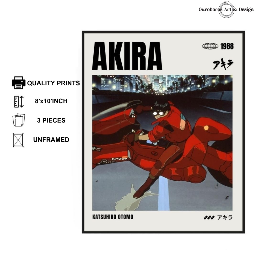 Ouroboros Art & Design - Akira - Japanese Manga - Anime Movie Poster And Wall Art Picture - Print Decor - 3 Pieces - 8x10'' Inch Unframed