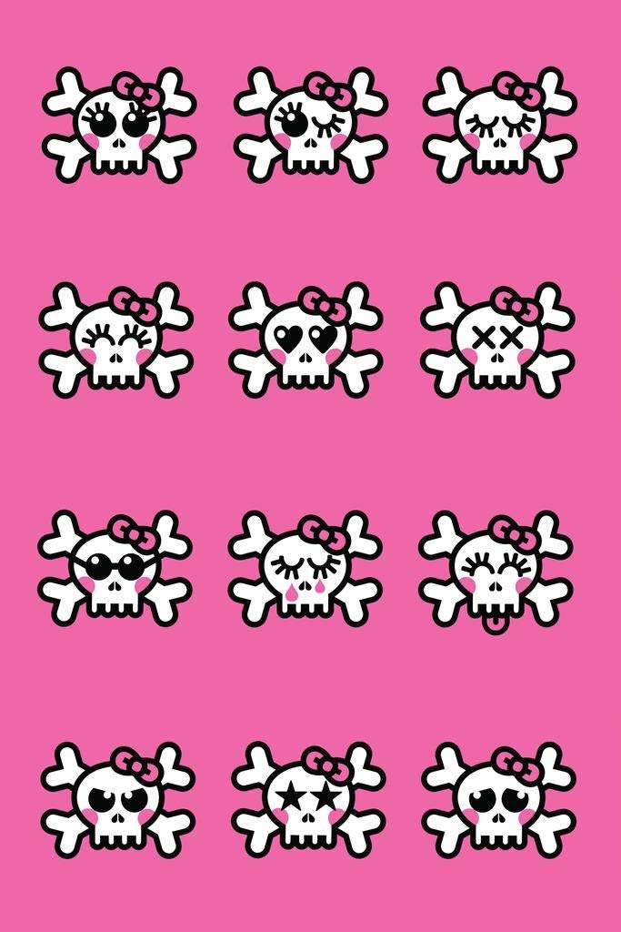 Emo Skulls Cute Winking Skeleton Heads Pattern Poster Various Faces Pink Background Decoration Thick Paper Sign Print Picture 8x12