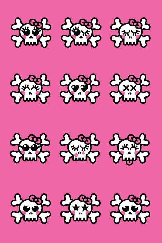 Emo Skulls Cute Winking Skeleton Heads Pattern Poster Various Faces Pink Background Decoration Thick Paper Sign Print Picture 8x12