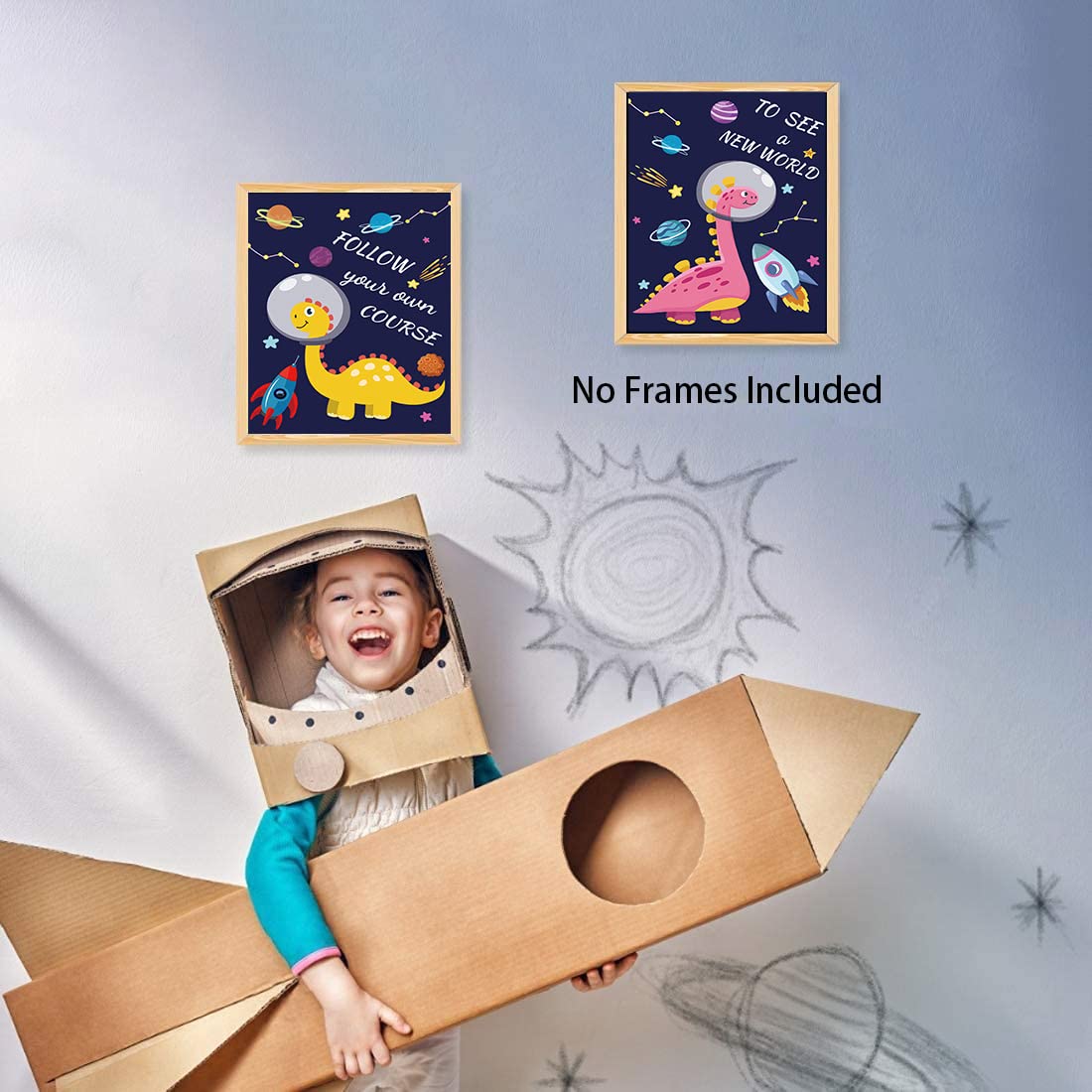 ZXjoys Dinosaur Outer Space Art Print, Wall Posters, Set Of 4 (8X10inch,Unframed) Watercolor Words Prints Planet Rocket UFO Painting for Nursery Kids Bedroom Classroom Decor