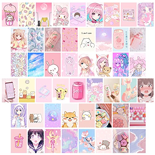 L1rabe 50Pcs Kawai Anime Aesthetic Picture Wall Collage Kit Pink Cartoon Assembled Print Card Set, School Dorm Photo Poster Display Trendy Style, Sweet Girls Room Decor Cute Collage Kit New Year Gifts