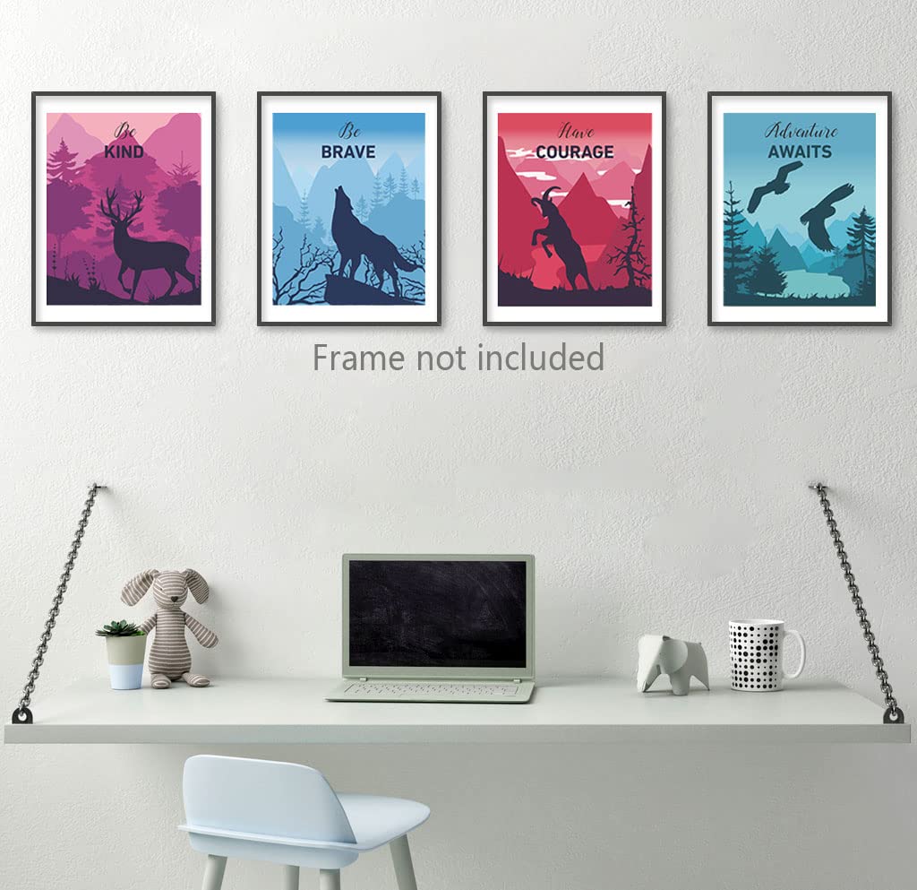 heshengzaixian Adventure Woodland Inspirational Quotes Canvas Wall Art, Forest Mountain Nature Landscape Painting Explore Motivational Wildlife Decor Poster for Boy'S Room,Set Of 4(8”x10”,Unframed)