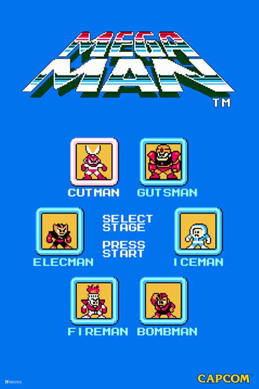 Mega Man Stage Select Video Game Video Gamer Classic Retro Vintage 90s Gaming MegaMan Capcom Legacy Collection Megaman 11 Mega Man X Dr Wily Cool Wall Decor Art Print Poster 12x18