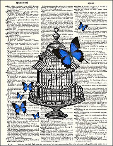 Dictionary Art Print - Be Free Butterflies in a Bird Cage- Printed on Recycled Vintage Dictionary Paper - 8.5"x11" - Mixed Media Poster on Vintage Dictionary Page