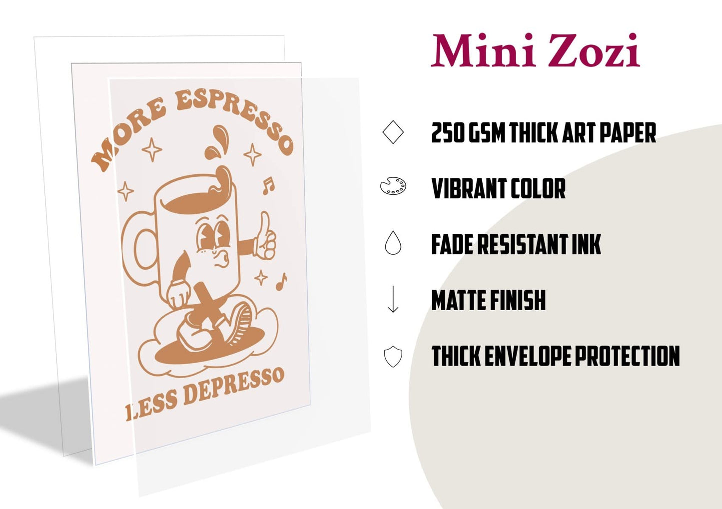 MINI ZOZI Retro Wall Art Room Decor Cute Aesthetic Poster 12"x16" Vintage Pastel More Espresso Less Depresso Trendy For Bedroom Bathroom & Dorm Large Size Kidcore Beige Prints For Teens Girls Unframed