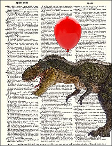 Fresh Prints of CT Dictionary Art Print - T-Rex with Balloon - Printed on Recycled Vintage Dictionary Paper - 8.5"x11" - Mixed Media Poster on Vintage Dictionary Page