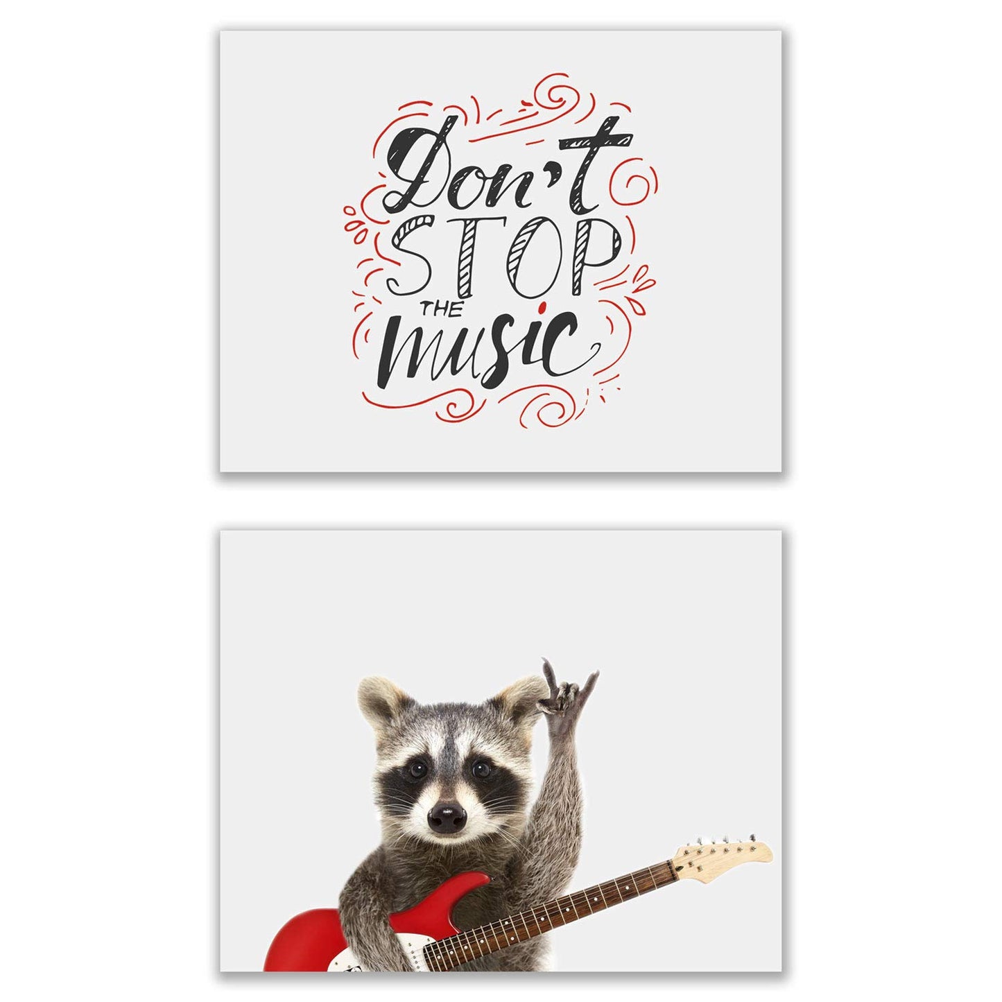 Rocker Raccoon Poster Prints - Set of 2 (11x14) Glossy Cute Red Funny Guitar Music Animal Photography Wall Art Decor