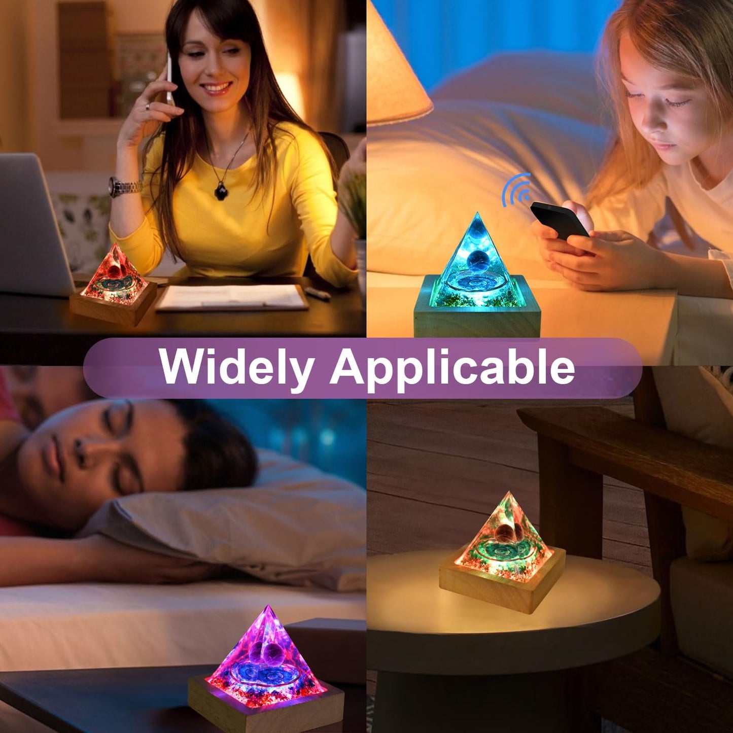 Zurligi Organite Orgone Pyramid, Orgone Pyramid with Wooden Led Display Base with Remote Control Amethyst Chakra New Inspirational Orgonite Crystal Pyramid Kit for Positive Energy