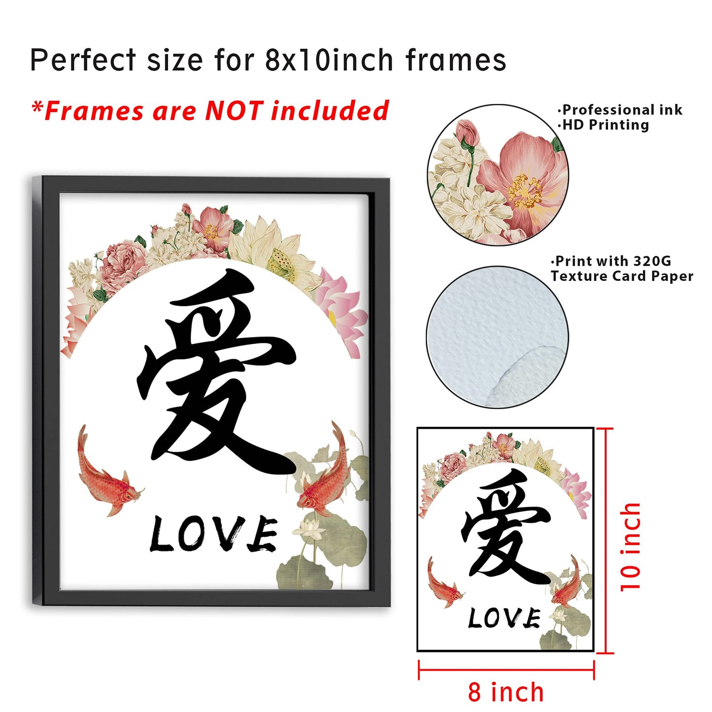 ETIUC 8x10in Chinese Calligraphy Wall Art Decor Prints Set of 6 Unframed Inspirational Poster Prints - Wisdom, Courage, Peace, Wealth, Love, Health Chinese Character for Livingroom Bedroom Office