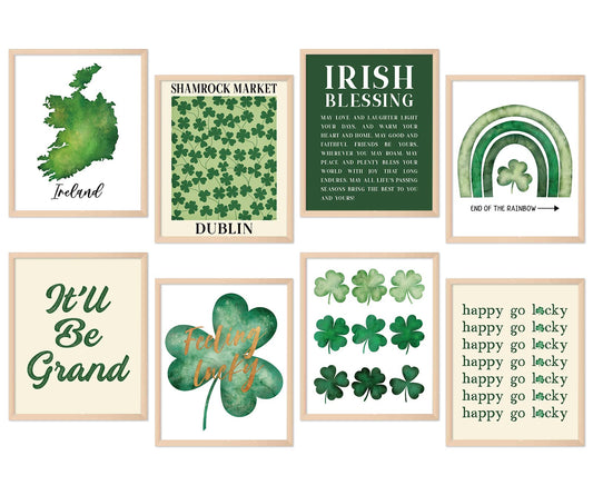 Whaline 8Pcs St Patrick's Day Wall Art Prints 8x10 Inch Watercolor Shamrock Art Poster Irish Lucky Clover Art Prints St Patrick's Day Poster for Gallery Wall Home Living Room Bedroom Decor (NO FRAME)