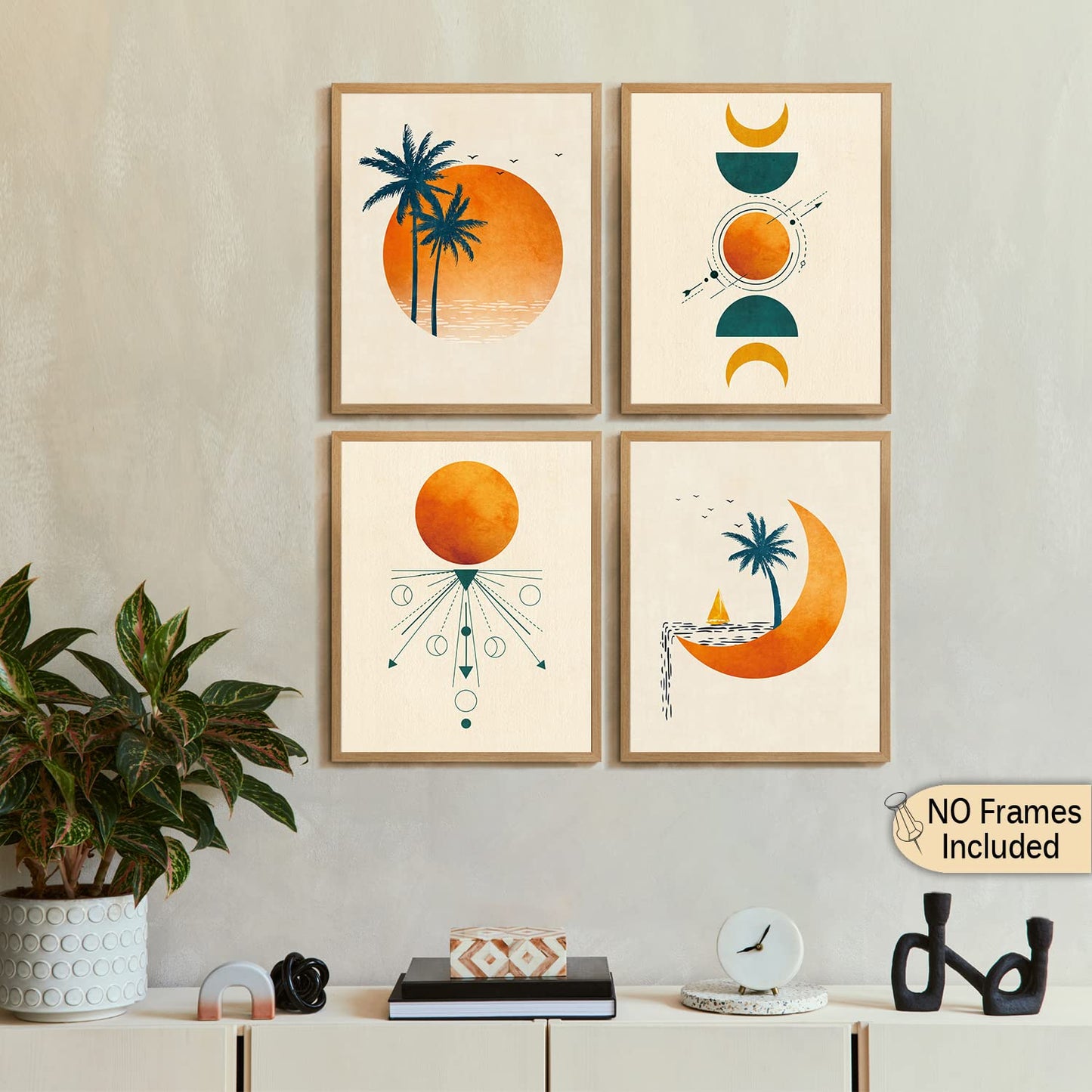 Abstract Sun And Moon Print, Coconut Tree Sun, Minimal Wall Art Poster, Boho Wall Decor, Modern Mid Century Geometric Decor Boho Sun, Sunset Art, (Set Of 4 Prints 8x10 Inch No Frame)