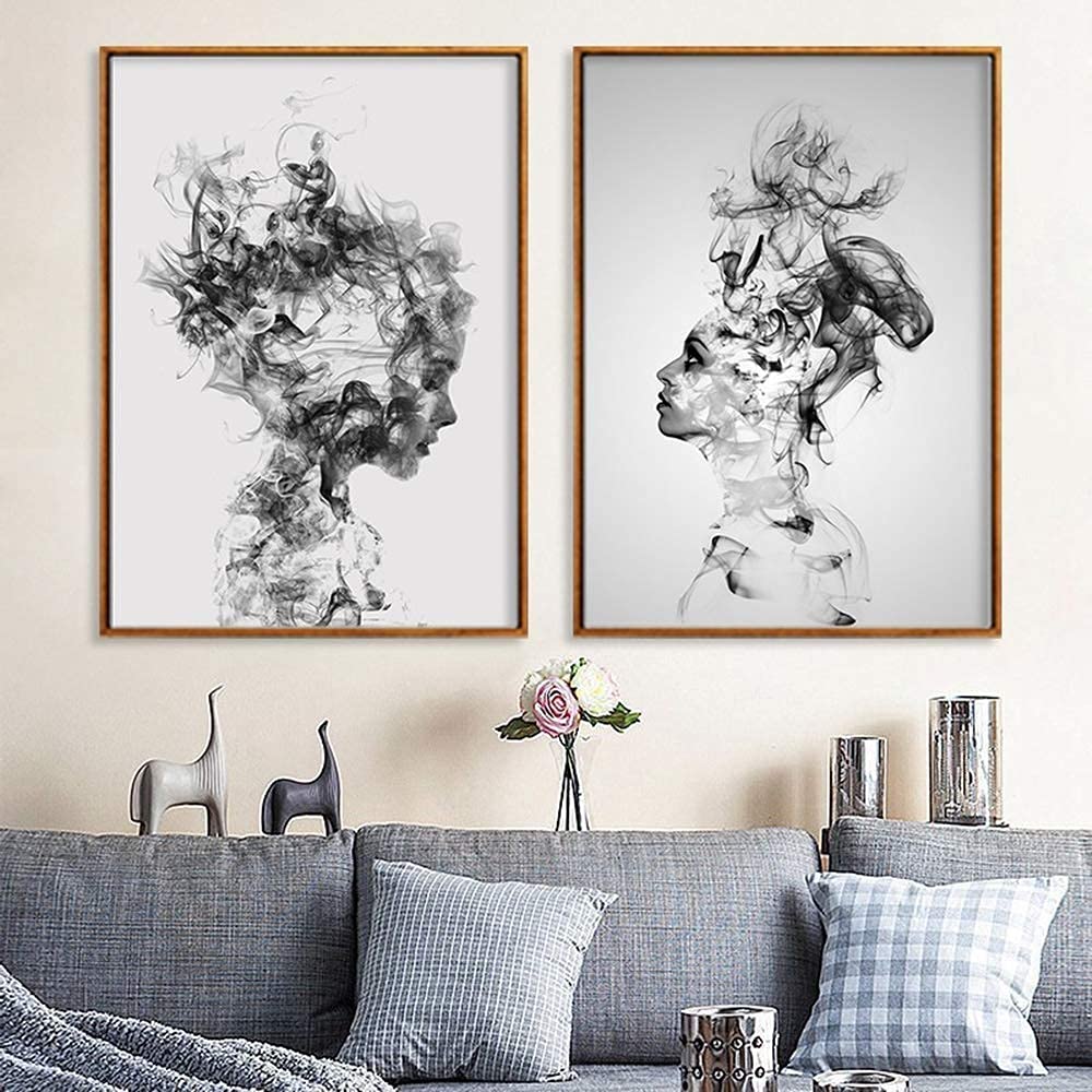 Smoke Girls Wall Art Canvas Print Poster,Abstract Minimalist Black and White Photography Art Line Drawing Decor for Living Room Bedroom (Set of 2 Unframed, 12x16 inches)