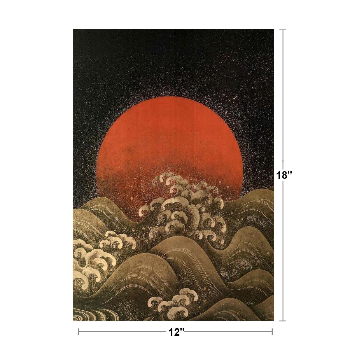 Sun Setting Ocean Waves Japanese Wood Block Style Beach Sunset Palm Landscape Pictures Scenic Scenery Tropical Nature Photography Paradise Scenes Cool Wall Decor Art Print Poster 12x18