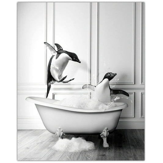 Penguin In Bathtub Canvas Wall Art - Bathroom Art Wall Decor - Animal Print Painting Picture - Black and White Artwork Poster No Frame (9x12in/23x30cm)