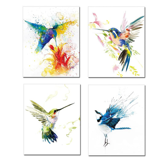 Kiddale Hummingbirds Wall Art Prints,Abstract Watercolor Birds Painting Decor Canvas Print Poster for Living Room Bedroom Office Decor,Set of 4(8"x10") Unframed