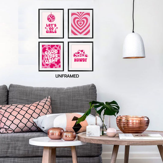 OGILRE Pink Abstract Disco Ball Let's Go Girls Howdy Good Vibes Only Preppy Wall Art Decorations Prints, Cowgirl Hat Hearts Boho Poster, 8x10 Inch 4 Set UNFRAMED