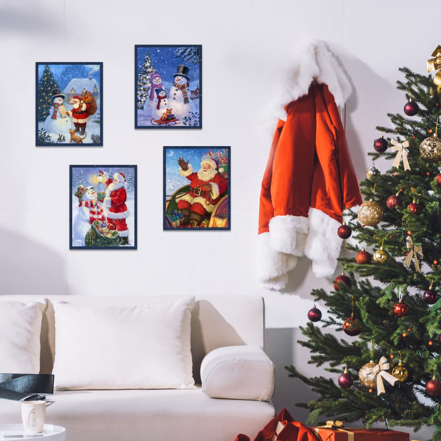 INFUNLY Set of 9 Merry Christmas Wall Art Print Santa Claus Wall Art Pictures UNFRAMED Winter Snowman Canvas Painting Posters 8X10 for Merry Christmas New Year Living Room Home Wall Decor