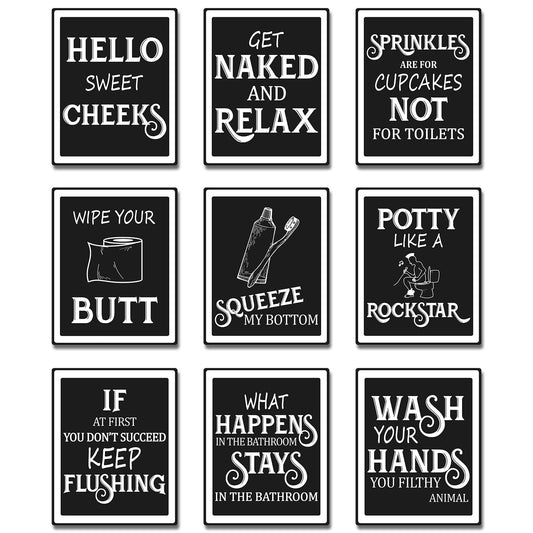 9 Pieces Bathroom Wall Art Wall Decor, Funny Vintage Bathroom Sign Bathroom Quotes Sayings Art Prints Bathroom Posters for Wall Restroom Bathroom Decor Pictures, Unframed (White Font)