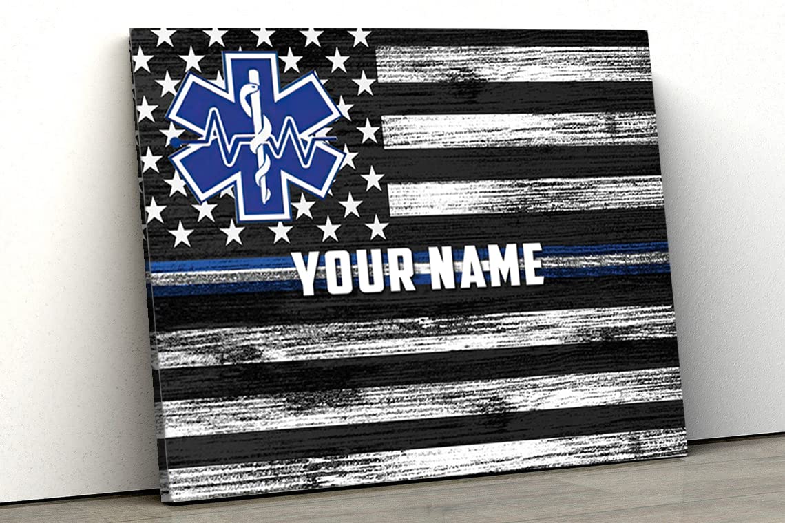 HomeDesign Personalized EMS EMT Paramedic Thin White Line Star American Flag Graduation Custom Retired Retirement Poster Canvas 1.5in Framed Prints Wall Art Home Decoration Artwork Picture EMT2