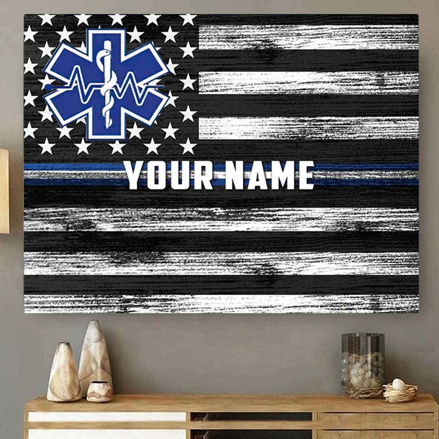 HomeDesign Personalized EMS EMT Paramedic Thin White Line Star American Flag Graduation Custom Retired Retirement Poster Canvas 1.5in Framed Prints Wall Art Home Decoration Artwork Picture EMT2